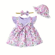 Kucnuzki Newborn Baby Girl Clothes 3 Months Spring Summer Dress 6 Months Fly Sleeve Fake-Camisole Stitching Floral Prints Dress Hat\u0026Headband 3PCS Set Purple 3-6 Months